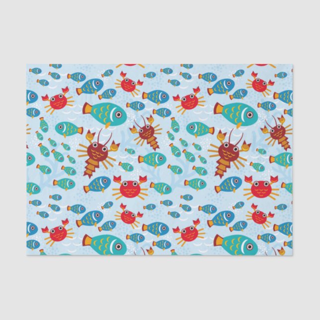 Cool Ocean Marine Life Fish and Crab Blue Tissue Paper (Front)
