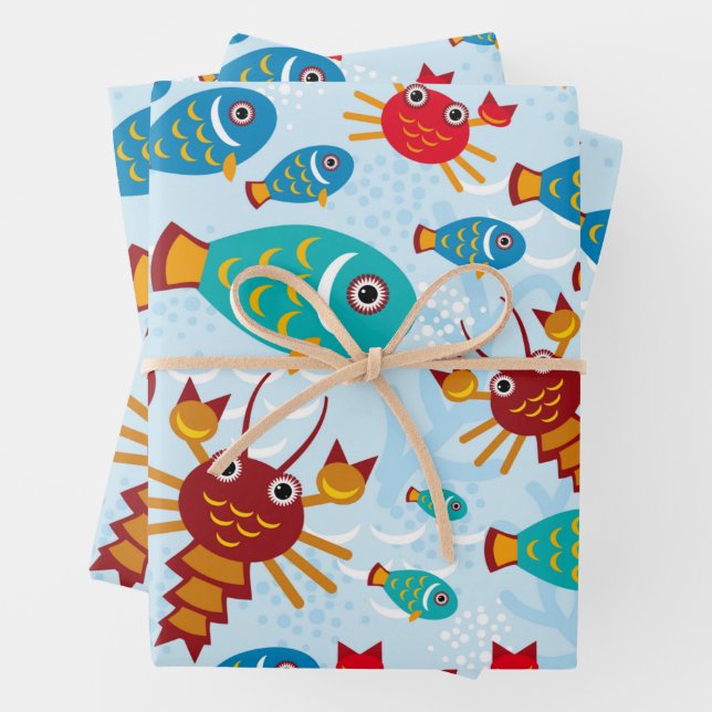 Cool Ocean Marine Life Fish and Crab Wrapping Paper Sheet (In situ)