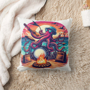 Cool Octopus Playing Music By The Beach Sunset Cushion