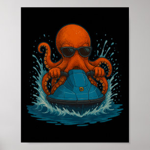 Cool Octopus With Sungles Jet Ski Rider Summer Vib Poster