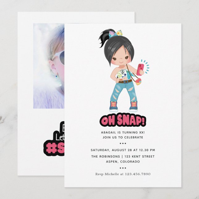Cool Oh Snap! Selfie Girl Birthday Party Invitation (Front/Back)