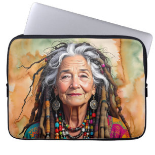 Cool Old Lady in Dread Locks Hippie Woman Blank Laptop Sleeve