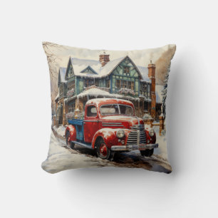 Cool Old Red Truck at the Winter Cottage Cushion