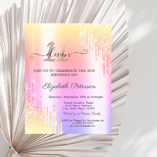 Cool Ombre Glitter Drips 11th Birthday Invitation