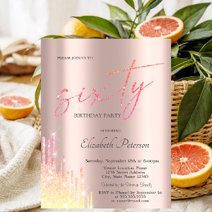 Cool Ombre Glitter Drips Rose Gold 60th Birthday  Invitation