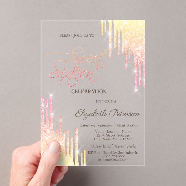  Cool Ombre Glitter Drips Rose Gold  Sweet 16 Acrylic Invitations (Insitu (Handheld))