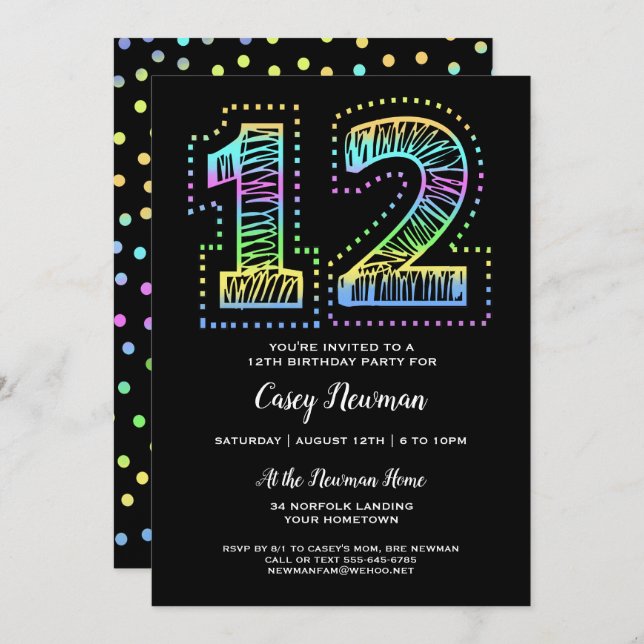 Cool on Black Fun 12th Birthday Party Invitation (Front/Back)