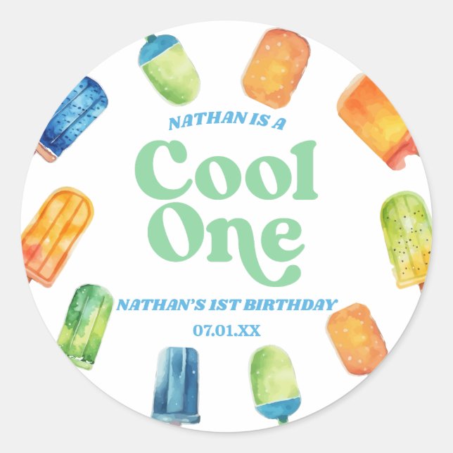 Cool One Blue Retro Popsicle 1st Birthday Party Classic Round Sticker (Front)