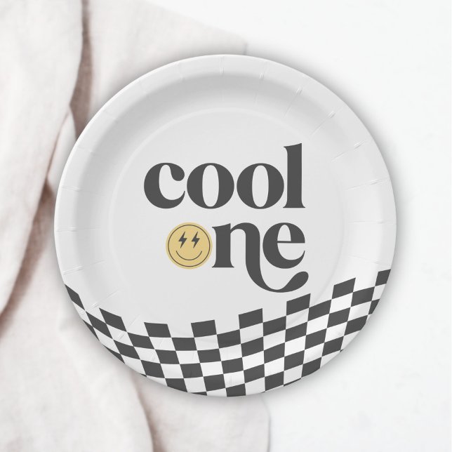 Cool One Boy's First Birthday Chequered Retro Paper Plate (Creator Uploaded)