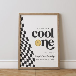 Cool One Boy's First Birthday Chequered Retro Poster