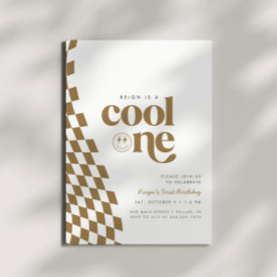 Cool One Boy's First Birthday Gold Chequered Retro Invitation