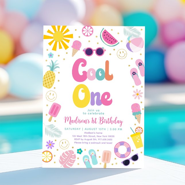 Cool One Girl Summer Pool Party First Birthday Invitation (Creator Uploaded)