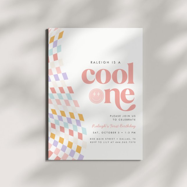 Cool One Girl's First Birthday Chequered Retro Invitation (Creator Uploaded)