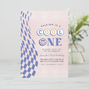 Cool One Girl's First Birthday Chequered Retro Invitation