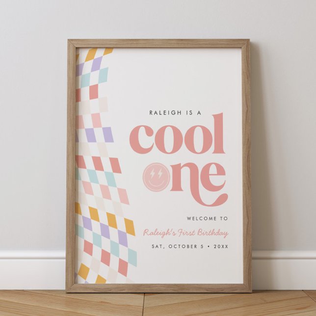 Cool One Girl's First Birthday Chequered Retro Poster (Creator Uploaded)