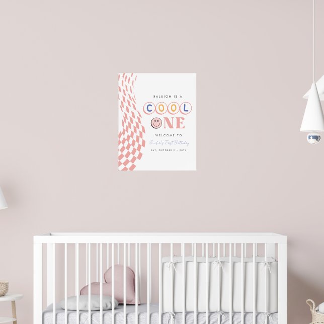 Cool One Girl's First Birthday Chequered Retro Poster (Nursery 2)
