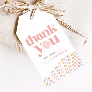 Cool One Girl's Happy Face Chequered Retro Favour Gift Tags