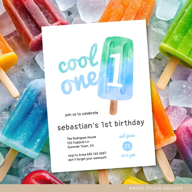 Cool One Popsicle Boy 1st Birthday Invitation (Invite shown in 5 x 7 inches, choose size, paper and corner style. Buy print or digital invitations.)