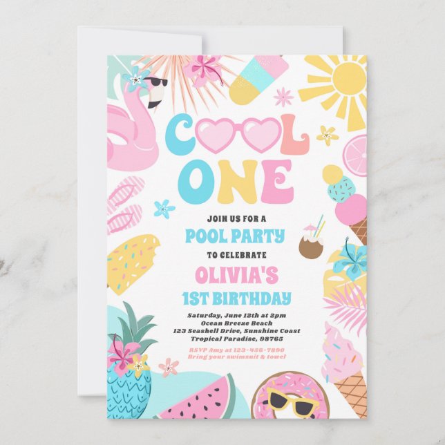 Cool One Tropical Summer Beach 1st Birthday Party Invitation (Front)