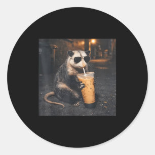 Cool opossum drinking iced coffee funny animal mem classic round sticker