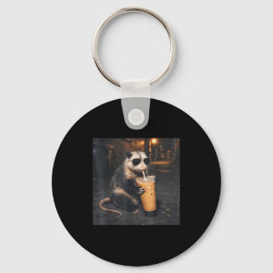 Cool opossum drinking iced coffee funny animal mem key ring