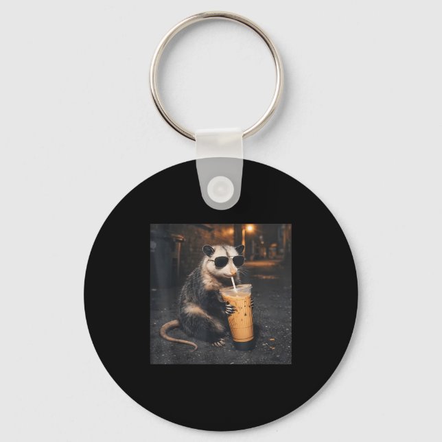 Cool opossum drinking iced coffee funny animal mem key ring (Front)