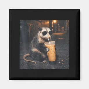 Cool opossum drinking iced coffee funny animal mem magnet