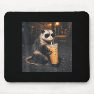 Cool opossum drinking iced coffee funny animal mem mouse pad