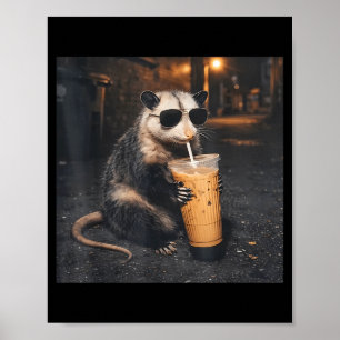 Cool opossum drinking iced coffee funny animal mem poster