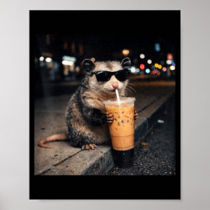 Cool Opossum Drinking Iced Milk Coffee Men Women Poster