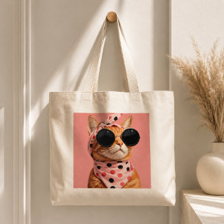 Cool Orange Cat in Retro Polka Dot Bandanna Large Tote Bag