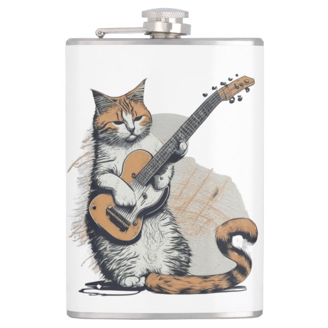 Cool Orange Cat Jamming on the Guitar  Hip Flask (Front)