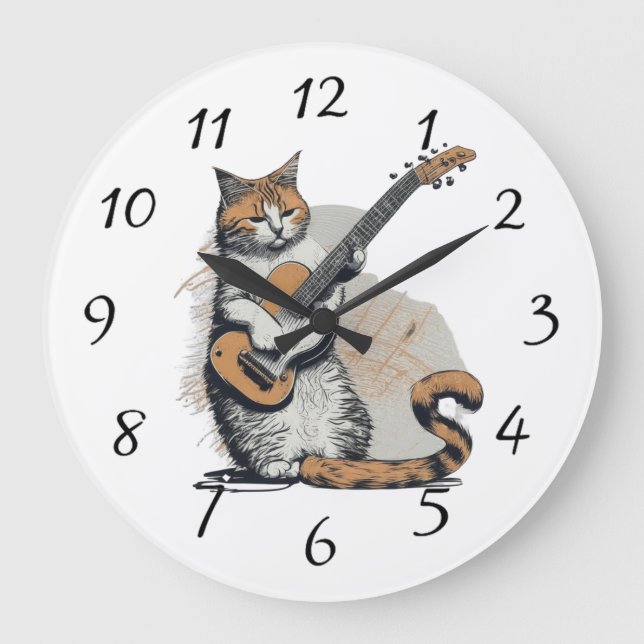 Cool Orange Cat Jamming on the Guitar Large Clock (Front)