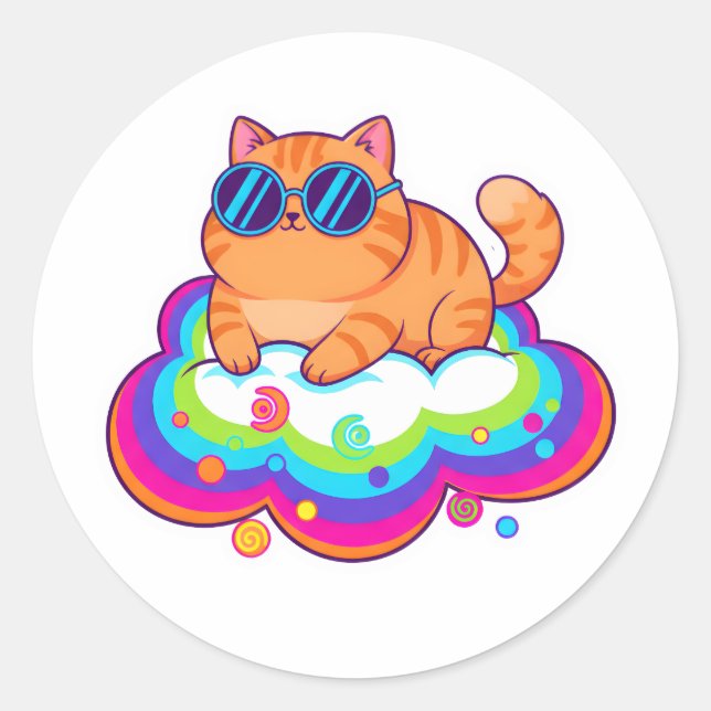 Cool Orange Cat Wearing Sunglasses on Rainbow Clou Classic Round Sticker (Front)