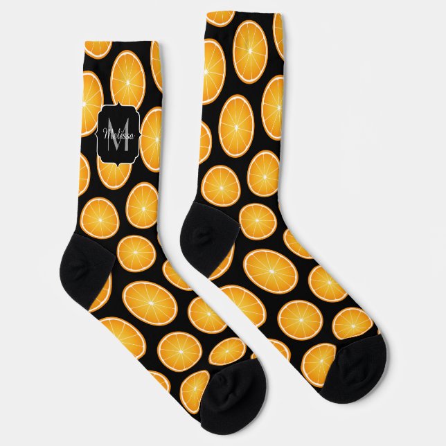 Cool Orange fruit slices pattern black Monogram Socks (Right)