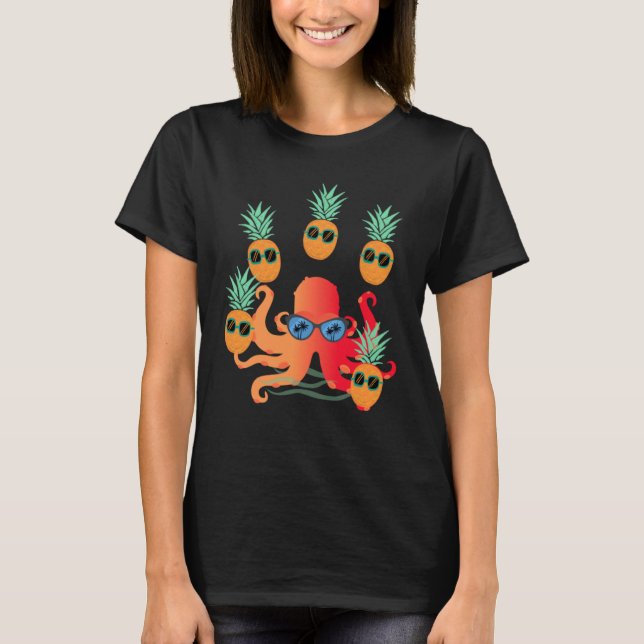 Cool Orange Octopus Juggling Pineapples T-Shirt (Front)