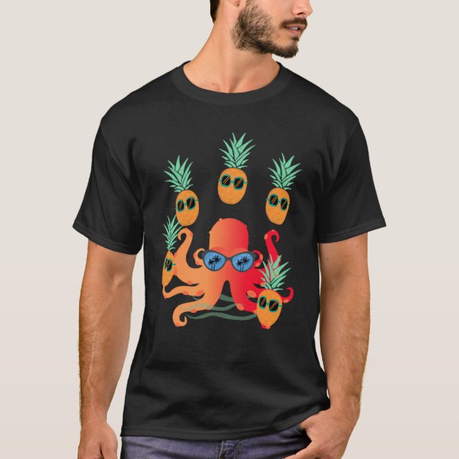 Cool Orange Octopus Juggling Pineapples T-Shirt (Front)