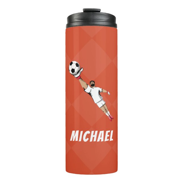 Cool Orange & White Goalie Goalkeeper Soccer Theme Thermal Tumbler (Front)