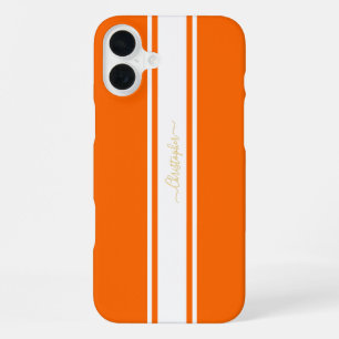 Cool Orange White Racing Stripes Gold Monogrammed iPhone 16 Plus Case