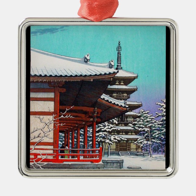 Cool oriental Hasui Kawase japanese winter village Metal Tree Decoration (Front)