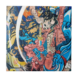 Cool oriental japanese Ancient Samurai demon Fight Tile