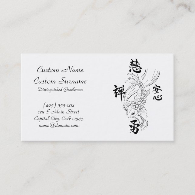 Cool oriental japanese black ink lucky koi fish bu business card (Front)
