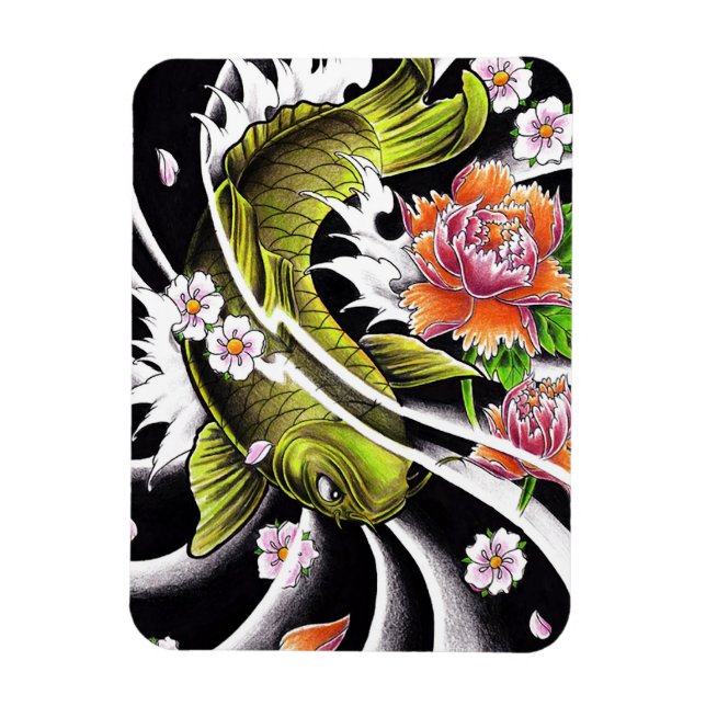 Cool oriental japanese black ink lucky koi fish magnet (Vertical)