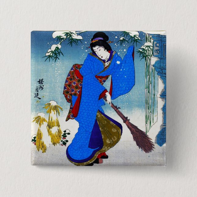 Cool oriental japanese classic geisha lady art 15 cm square badge (Front)