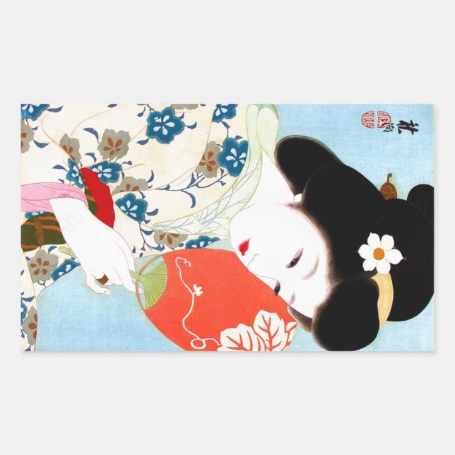 Cool oriental japanese classic geisha lady art rectangular sticker (Front)