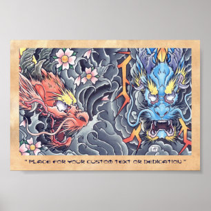 Cool oriental japanese dragon god tattoo storm poster
