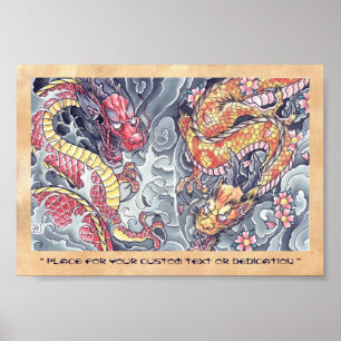 Cool oriental japanese dragon god tattoo storm poster