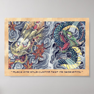 Cool oriental japanese dragon god tattoo storm poster