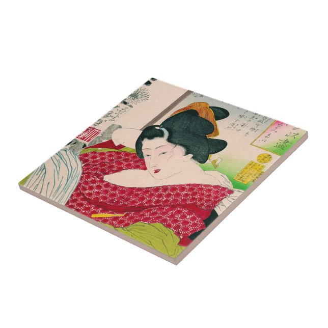 Cool oriental japanese geisha lady art woodprint tile (Side)