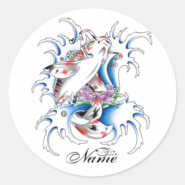 Cool Oriental Japanese Koi Carp Water tattoo Classic Round Sticker (Front)